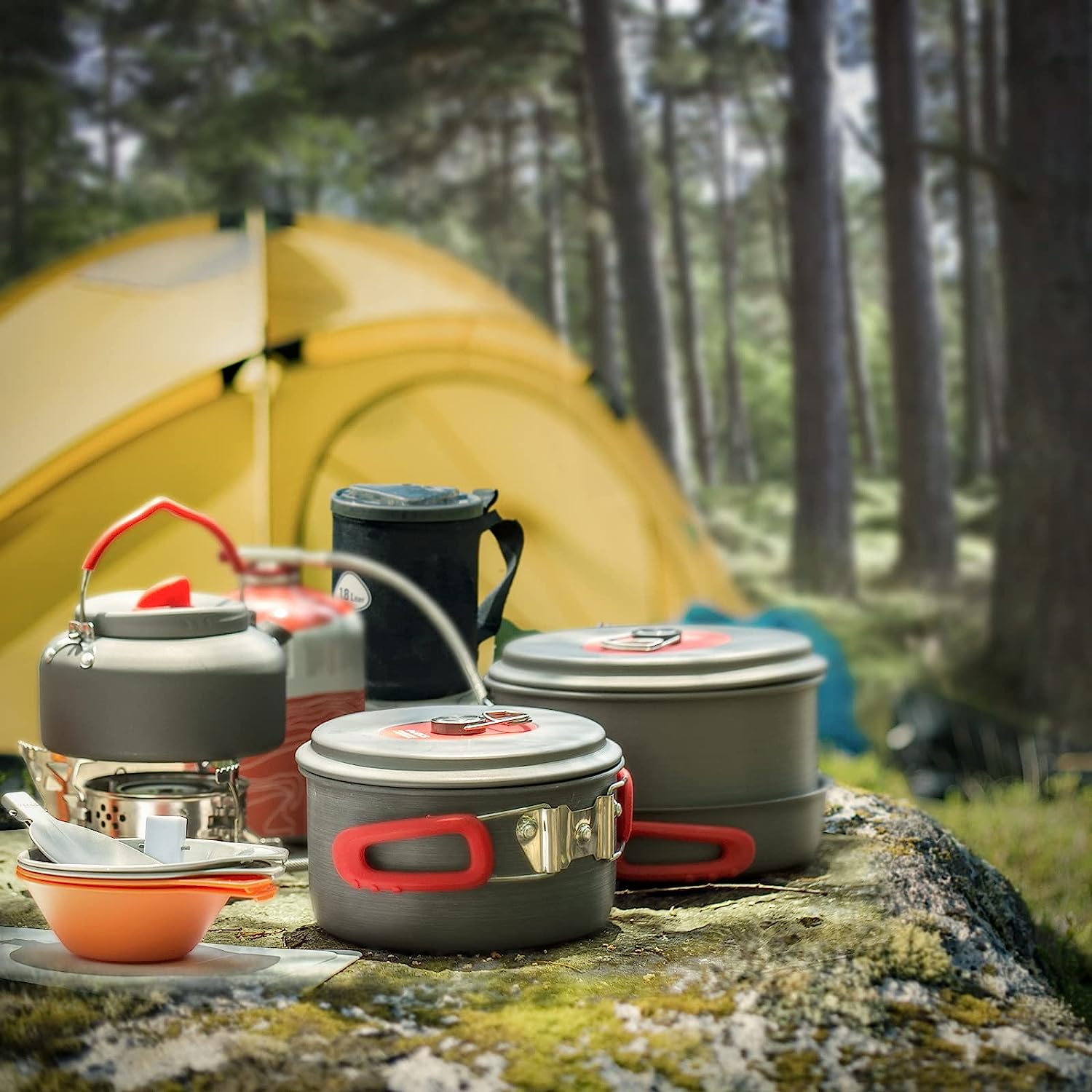 Camping Cookware Pots and Pans Set With Tea Kettle