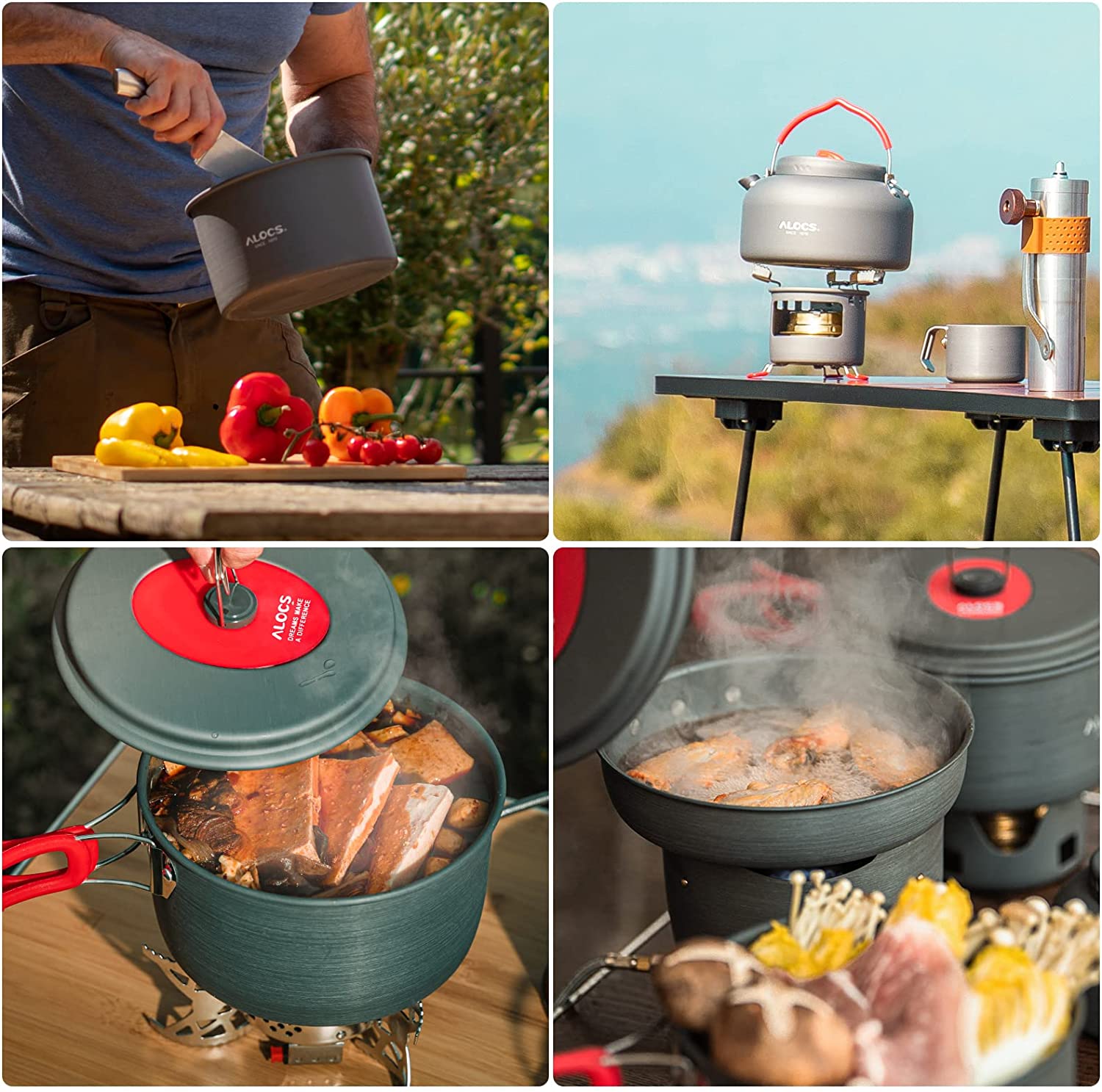 Camping Cookware Pots and Pans Set with Kettle And Mesh Carry Bag