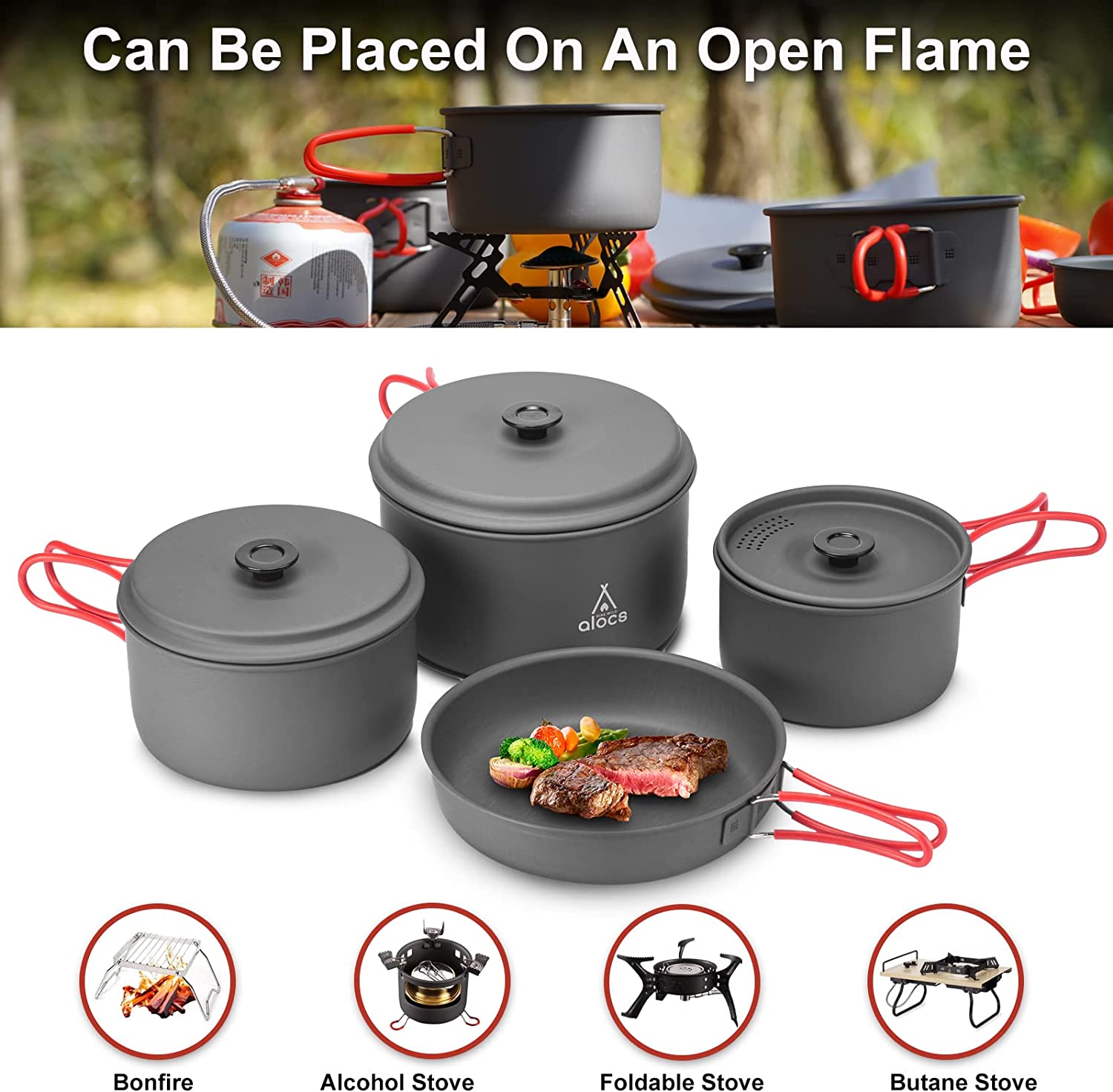 Camping Cookware Pots and Pans Set With Mesh Carry Bag