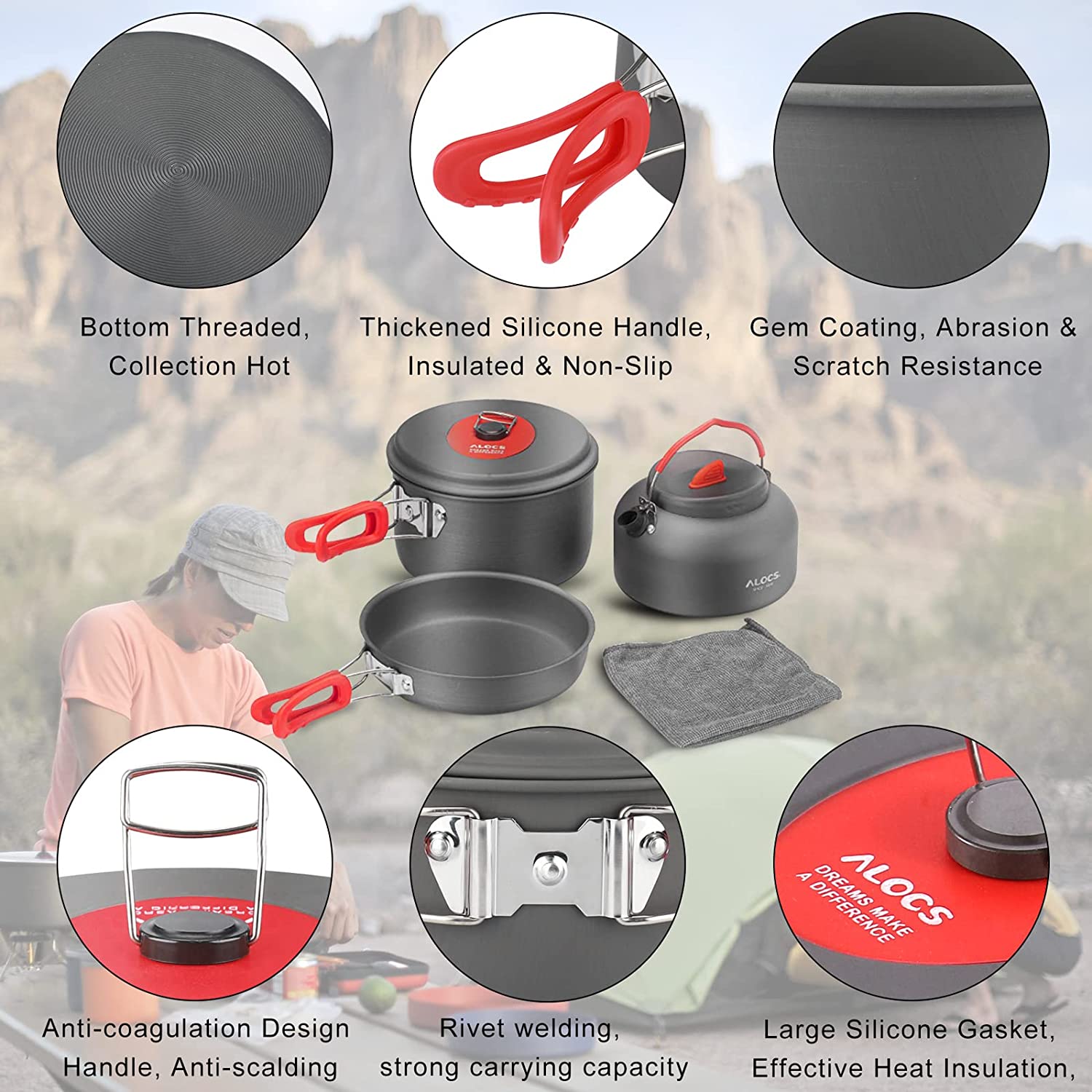 Camping Cookware Pots and Pans Set with Kettle And Mesh Carry Bag